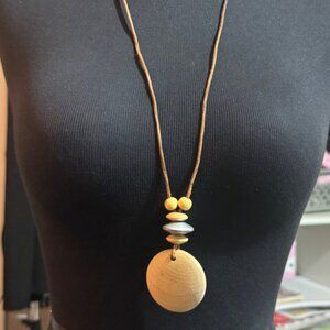 Wooden Pendant Necklace With Adjustable Cord & Beaded Accents